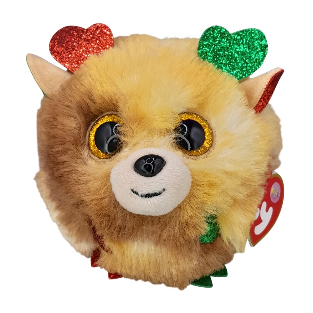 Ty Puffies Fudge the Reindeer Plush Brown Tan Holiday Heart Antlers 3.5 inch